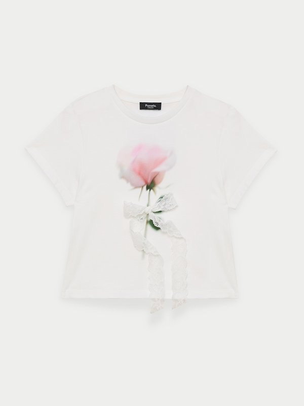 Pomelo Pomelo Lace Accent Rose Print Tee - White