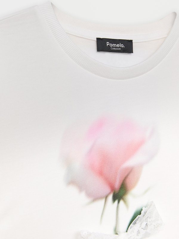 Pomelo Pomelo Lace Accent Rose Print Tee - White