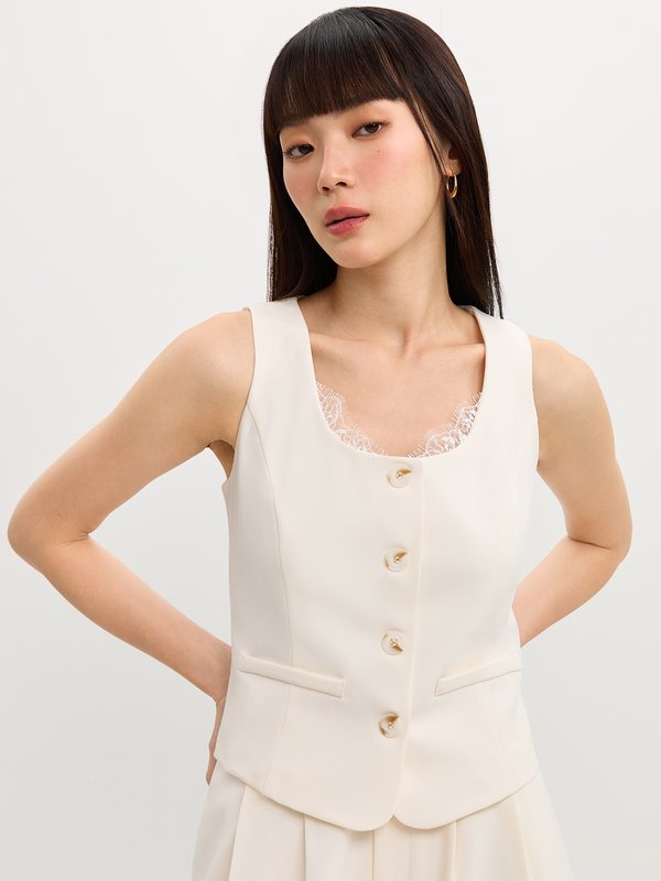 pomelo Pomelo Lace Accent Vest - Off-White