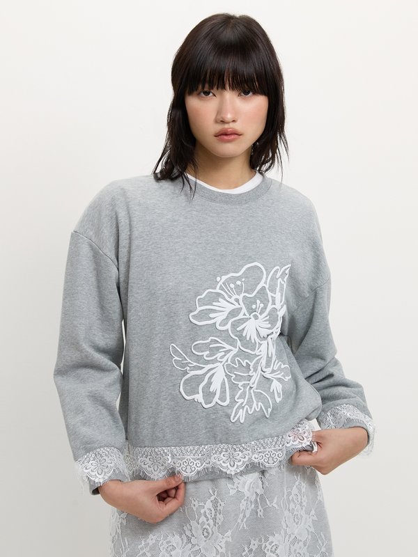 pomelo Pomelo Lace Floral Sweatshirt - Mid Grey