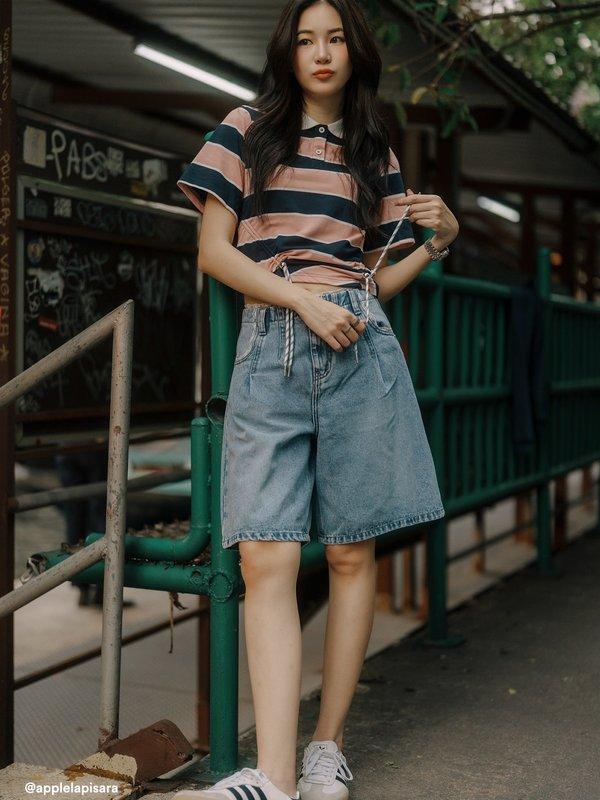 pomelo Pomelo Lace Trim Bermuda Shorts - Blue