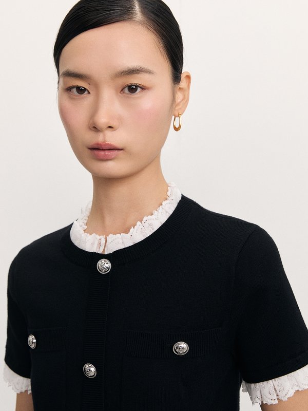 Pomelo Pomelo Lace Trim Buttoned Knit Top - Black