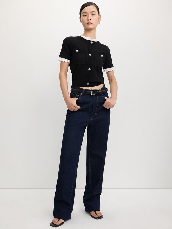 Pomelo Pomelo Lace Trim Buttoned Knit Top - Black