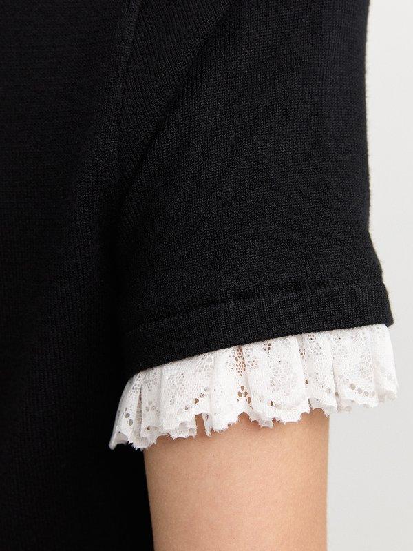 Pomelo Pomelo Lace Trim Buttoned Knit Top - Black
