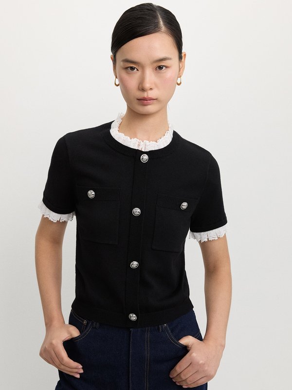 pomelo Pomelo Lace Trim Buttoned Knit Top - Black