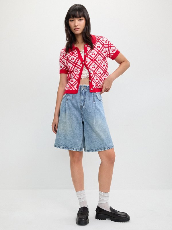 pomelo Pomelo Lace Trim Buttoned Knit Top - Red