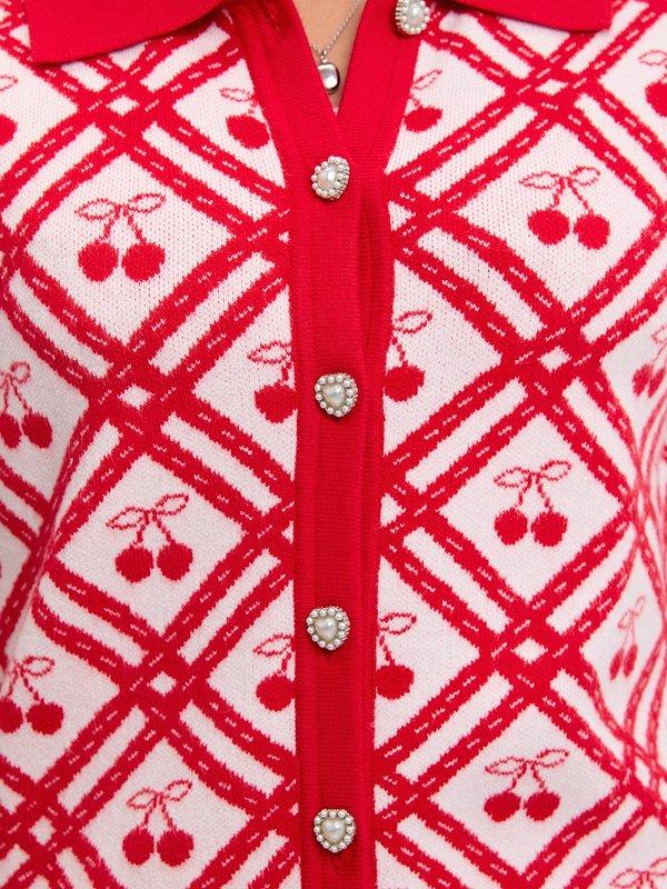 pomelo Pomelo Lace Trim Buttoned Knit Top - Red