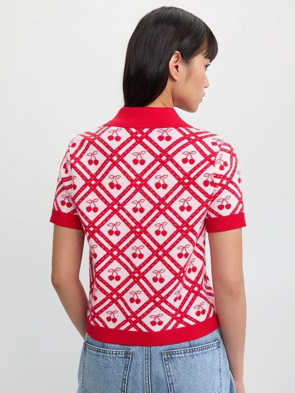 pomelo Pomelo Lace Trim Buttoned Knit Top - Red