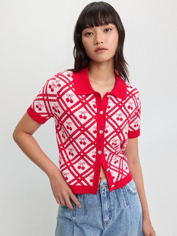 pomelo Pomelo Lace Trim Buttoned Knit Top - Red