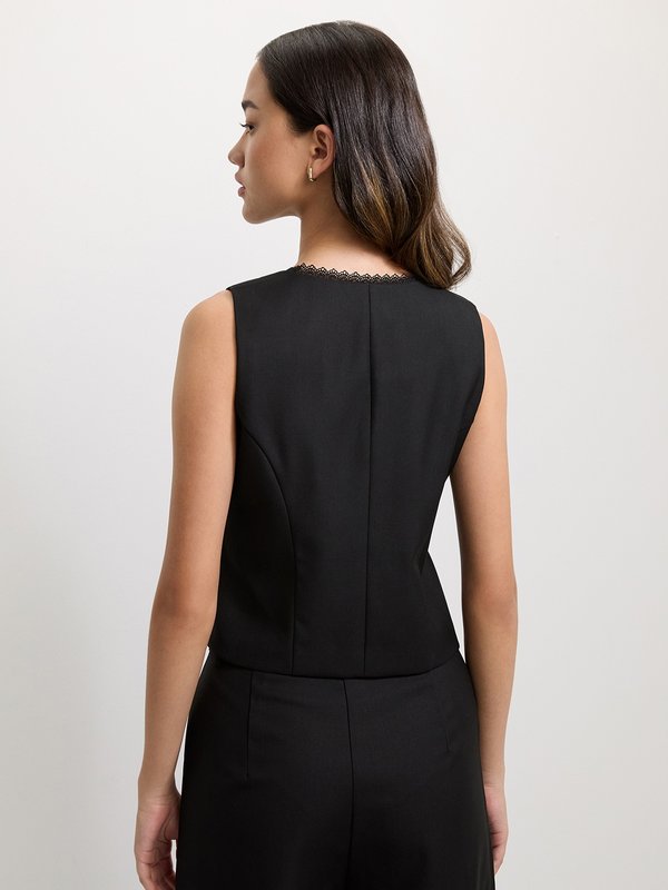 Pomelo Pomelo Lace Trim Buttoned Vest - Black