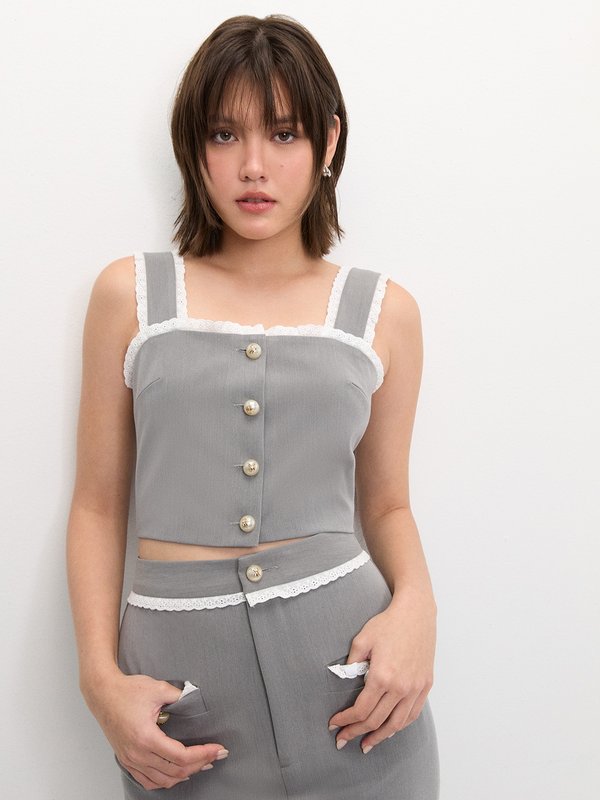 Pomelo Pomelo Lace Trim Crop Top - Light Grey