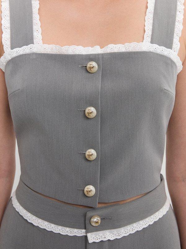 Pomelo Pomelo Lace Trim Crop Top - Light Grey