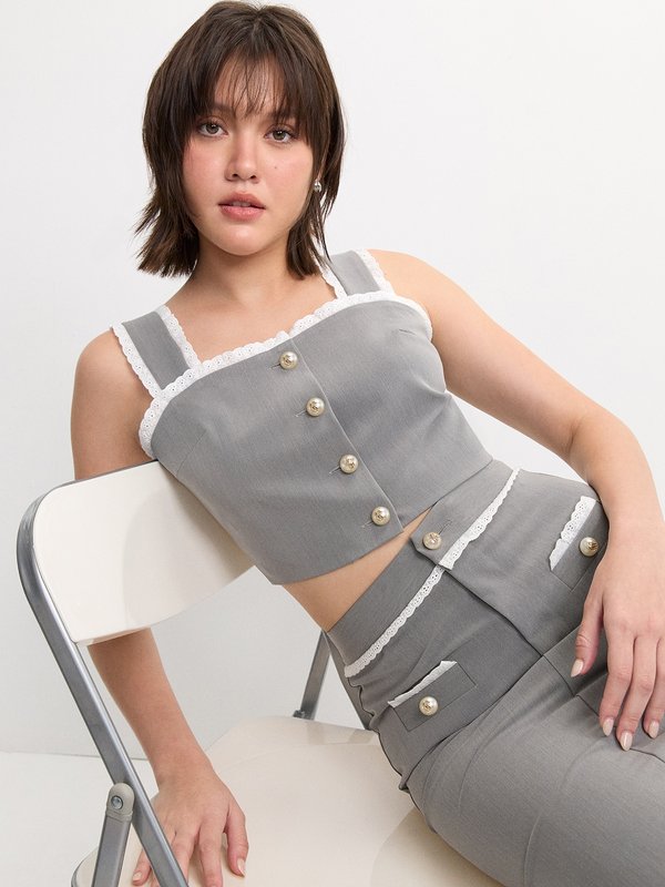 pomelo Pomelo Lace Trim Crop Top - Light Grey