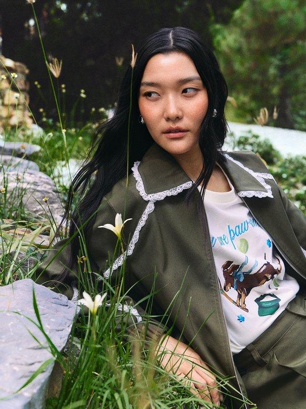 Pomelo Pomelo Lace Trim Jacket - Olive