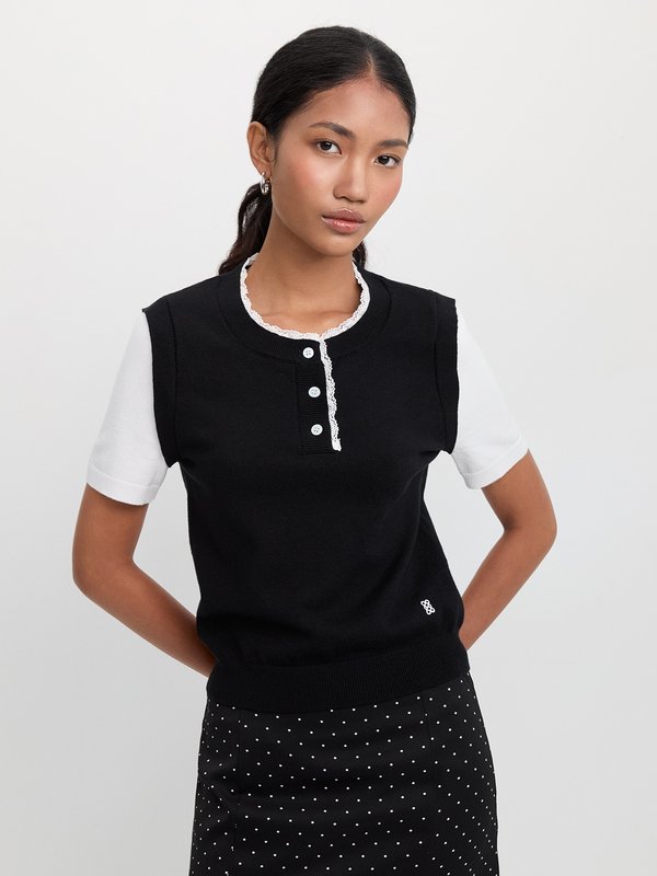 pomelo Pomelo Lace-Trim Knit Top - Black/White