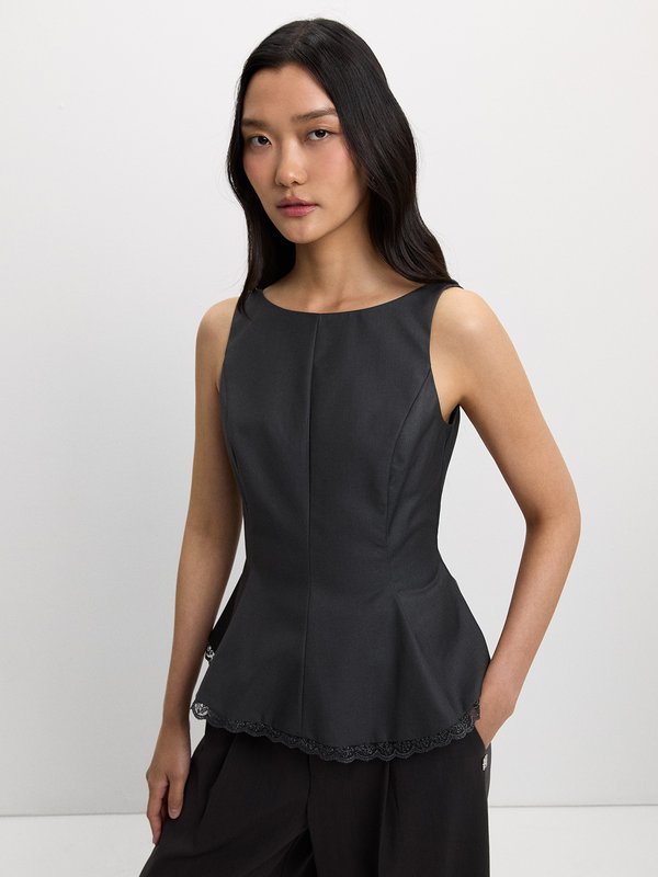 pomelo Pomelo Lace Trim Peplum Blouse - Dark Grey