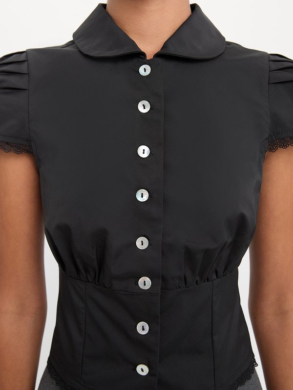 Pomelo Pomelo Lace Trim Puffed Sleeve Blouse - Black