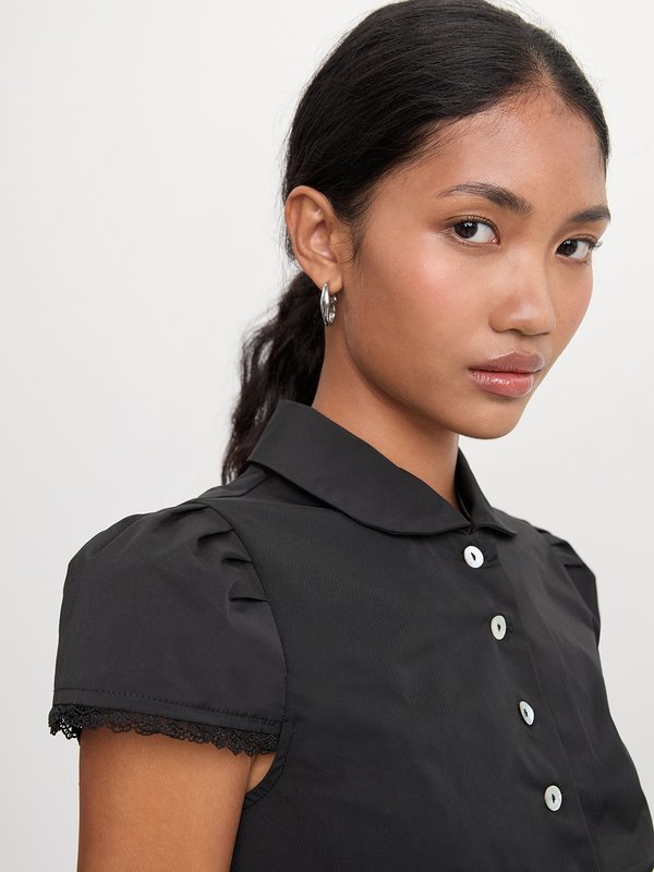 Pomelo Pomelo Lace Trim Puffed Sleeve Blouse - Black