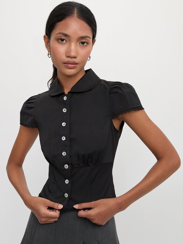 pomelo Pomelo Lace Trim Puffed Sleeve Blouse - Black