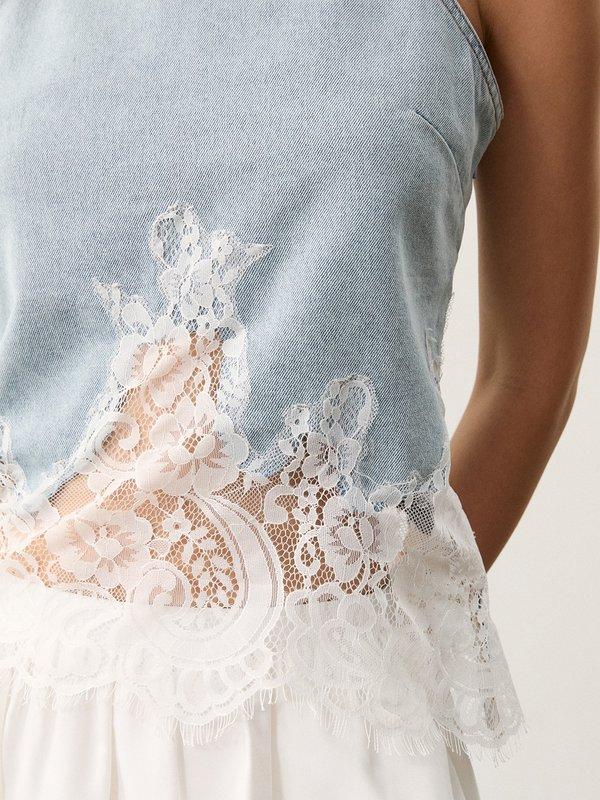 Pomelo Pomelo Lace Trim Top - Light Blue