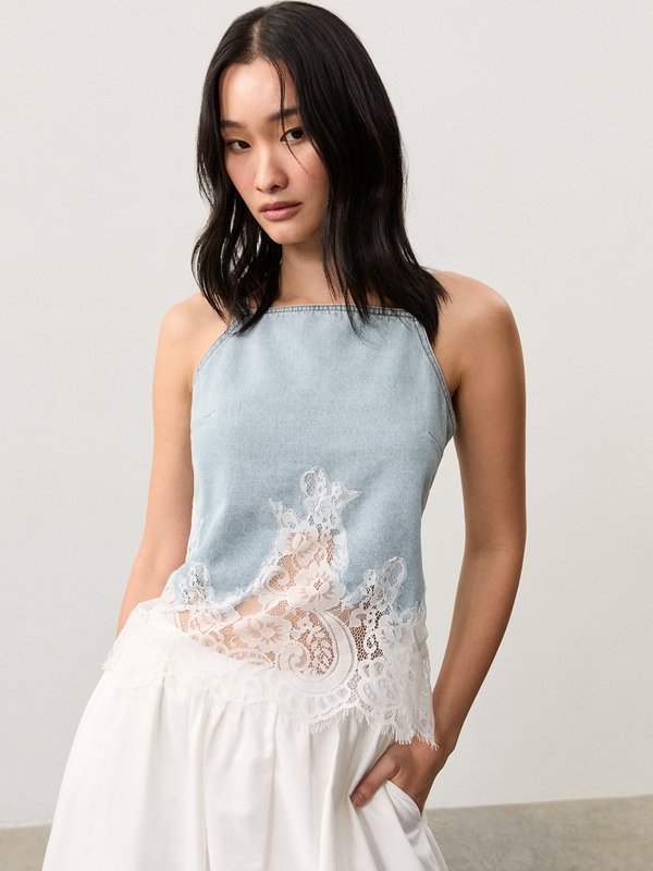 pomelo Pomelo Lace Trim Top - Light Blue