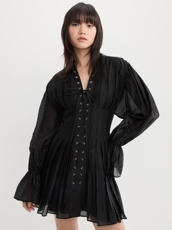 pomelo Pomelo Lace Up Eyelet Dress - Black