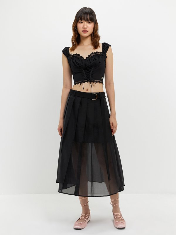 Pomelo Pomelo Lace-Up Lace Trim Top - Black