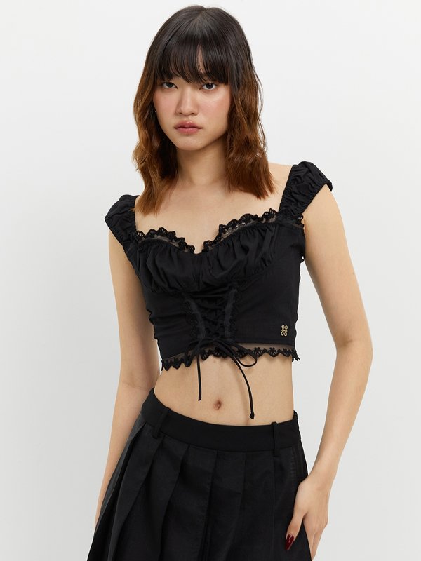 pomelo Pomelo Lace-Up Lace Trim Top - Black