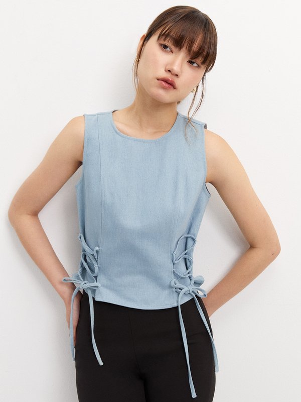 pomelo Pomelo Lace-Up Top - Light Blue