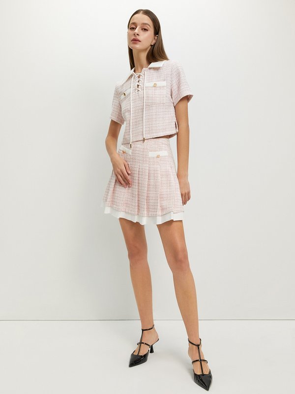 Pomelo Pomelo Lace-Up Tweed Top - Light Pink