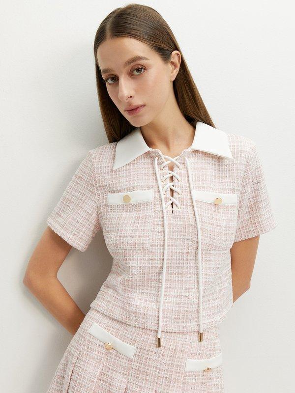 Pomelo Pomelo Lace-Up Tweed Top - Light Pink