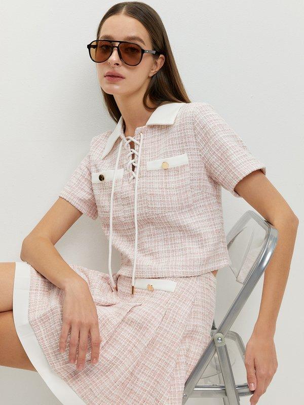 pomelo Pomelo Lace-Up Tweed Top - Light Pink