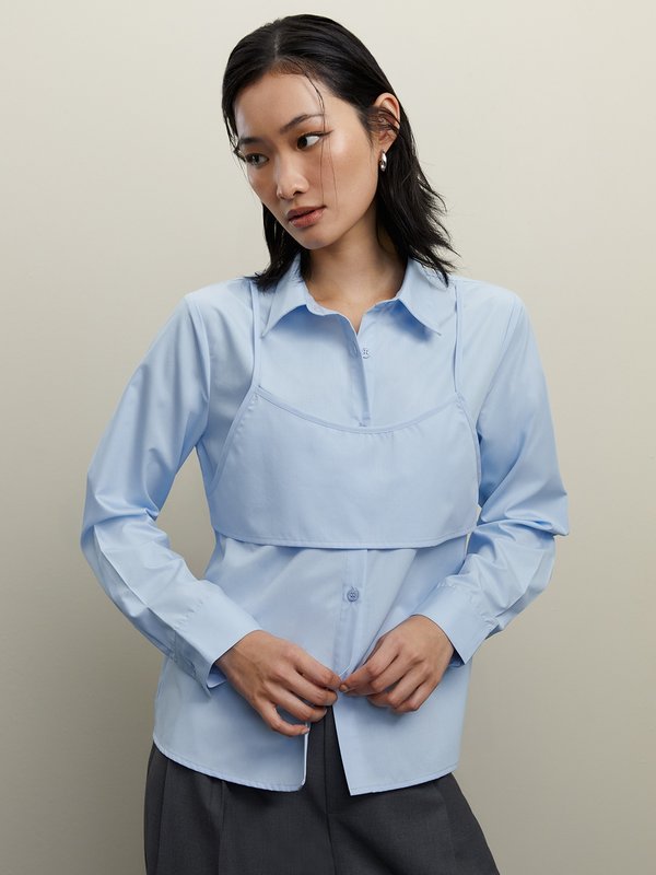 Pomelo Pomelo Layered Crop Shirt - Light Blue