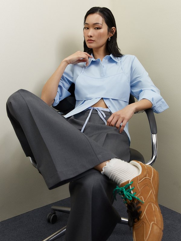 pomelo Pomelo Layered Crop Shirt - Light Blue