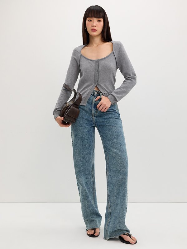 Pomelo Pomelo Layered Knit Cardigan - Mid Grey