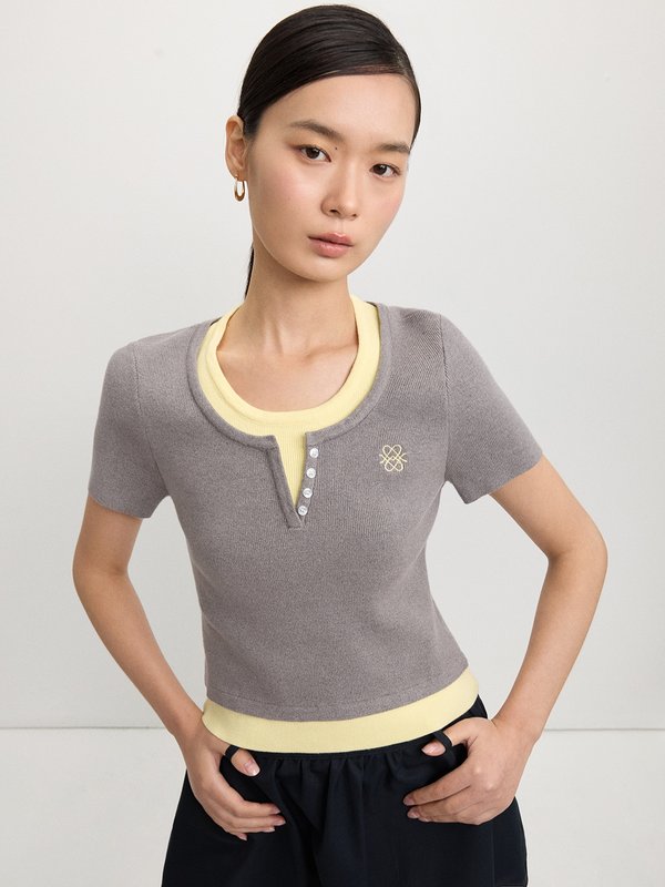 pomelo Pomelo Layered Knit Top - Light Grey