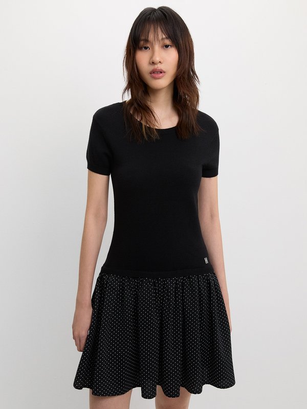 pomelo Pomelo Layered Polka Dot Skirt Dress - Black