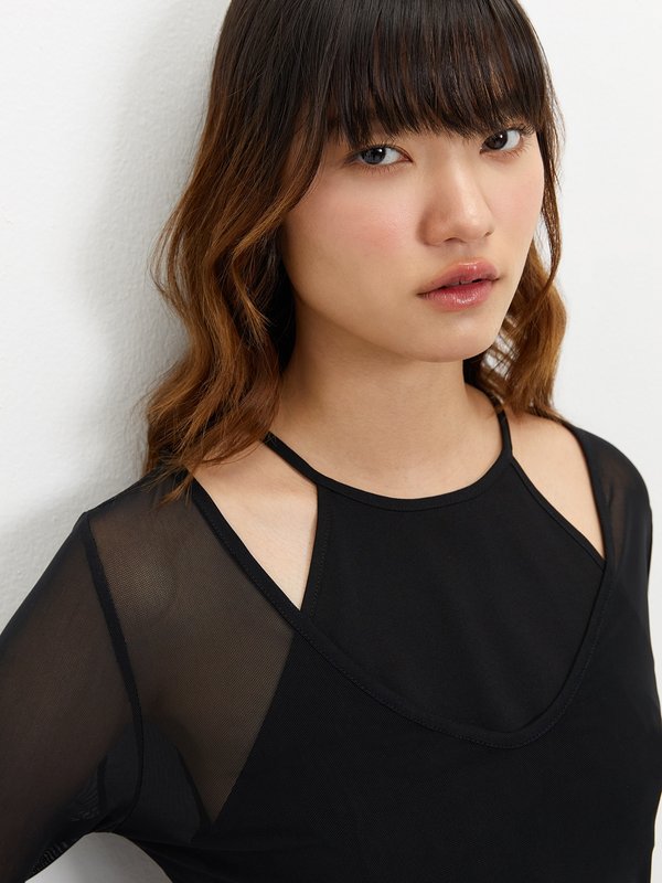 Pomelo Pomelo Layered Sheer Crop Top - Black
