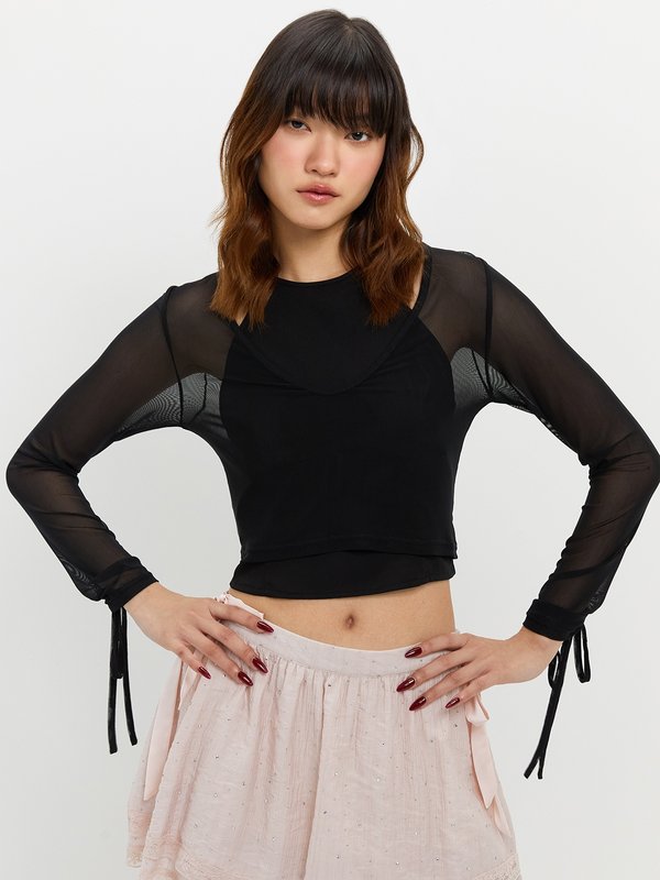 Pomelo Pomelo Layered Sheer Crop Top - Black