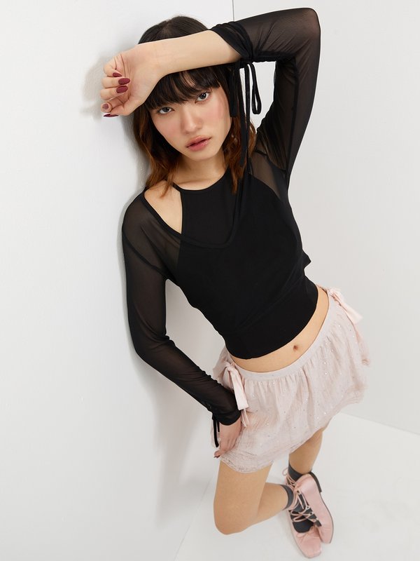 pomelo Pomelo Layered Sheer Crop Top - Black