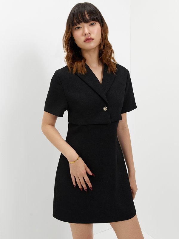 Pomelo Pomelo Layered Single Button Dress - Black
