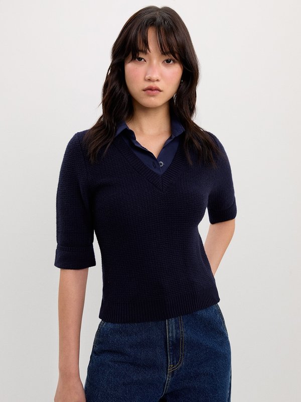 pomelo Pomelo Layered V-Neck Knit Top - Navy