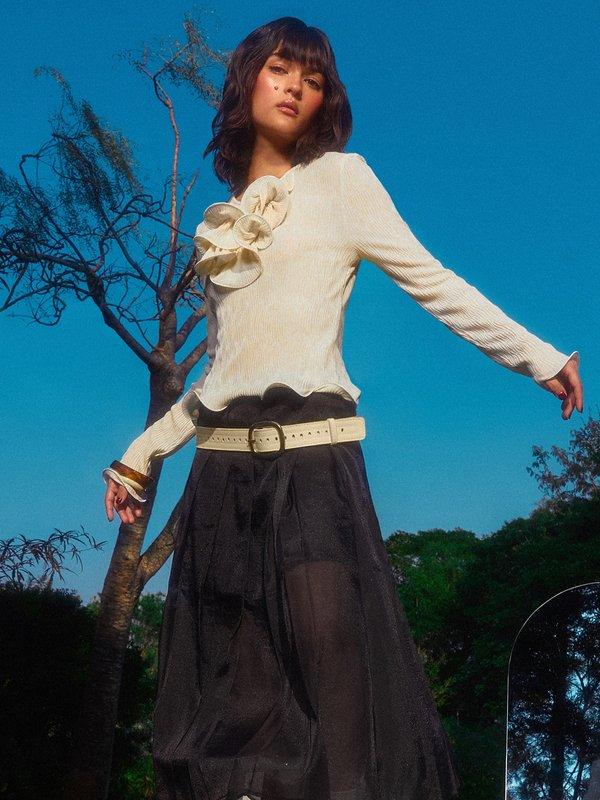 pomelo Pomelo Lettuce Edge Ruffle Top - Beige