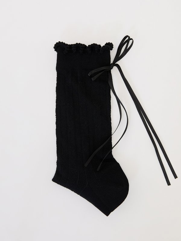 Pomelo Pomelo Lettuce-Edge With Ribbon Socks - Black