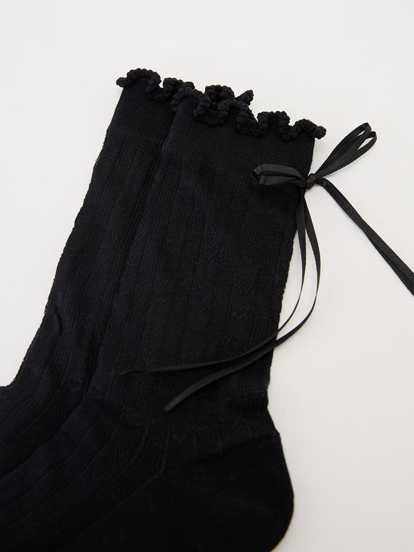 Pomelo Pomelo Lettuce-Edge With Ribbon Socks - Black