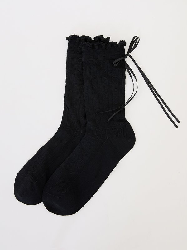 pomelo Pomelo Lettuce-Edge With Ribbon Socks - Black