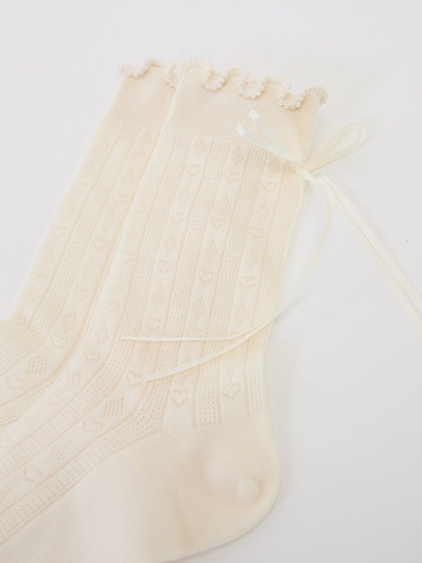 Pomelo Pomelo Lettuce-Edge With Ribbon Socks - Cream