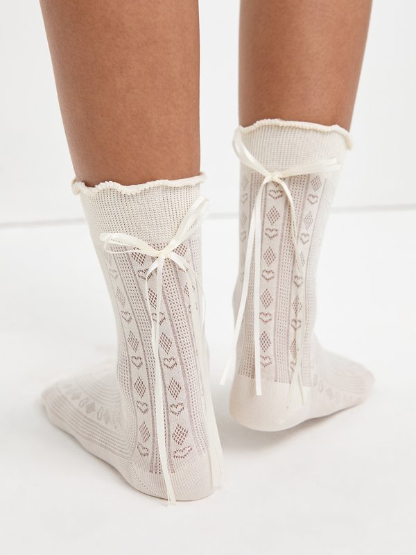 Pomelo Pomelo Lettuce-Edge With Ribbon Socks - Cream
