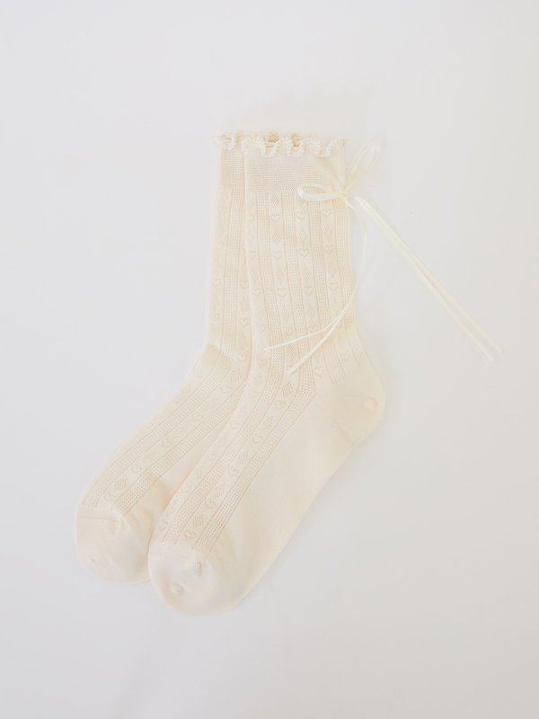 Pomelo Pomelo Lettuce-Edge With Ribbon Socks - Cream