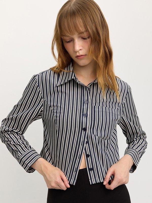 pomelo Pomelo Long-Sleeve Striped Crop Top - Navy